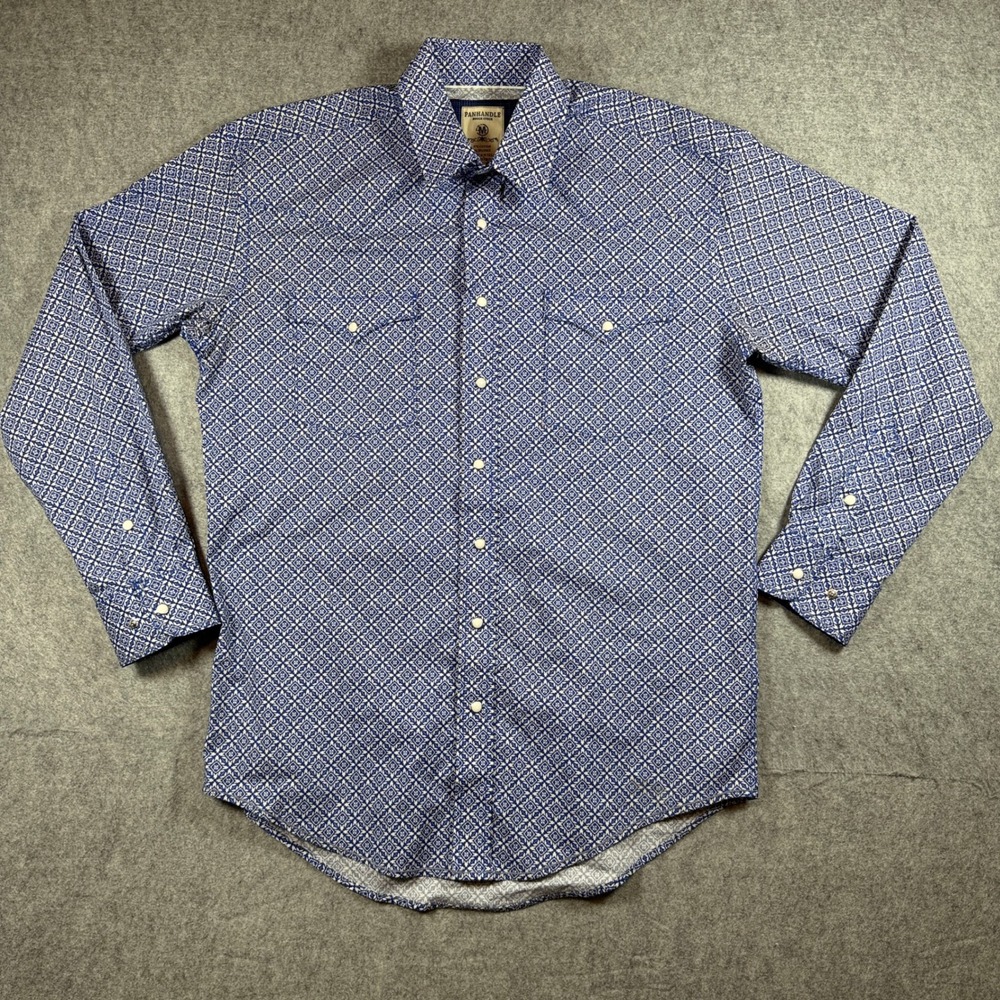 Panhandle Mens Rough Stock Western Snap Shirt Medium Blue Geometric Stretch